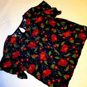 Chic all lace black top with red rose appliqués